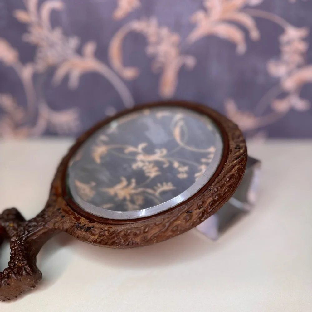 Antique Victorian Wood Mirror Beveled Glass Hand Mirror
